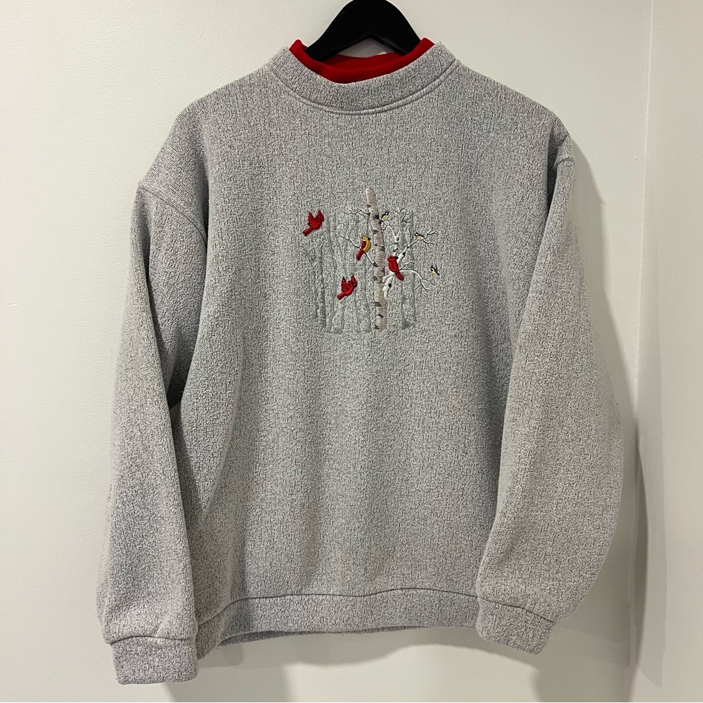 Vintage Embroidered Cardinal Chickadee Bird Sweatshirt Rainbow USA M